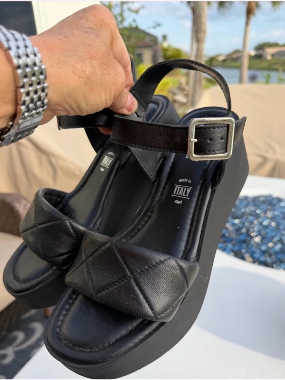 Seychelles Black Quilted Platform Sandals with Ankle Strap size Women’s 8